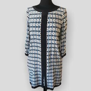 J Crew Diamond Tile Silk Shift Dress Womens 2 Blue White Cocktail Career 07928